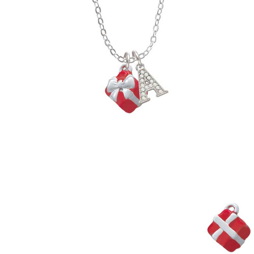Small 3-D Red Present Box with Bow Crystal Initial - Sophia Necklace