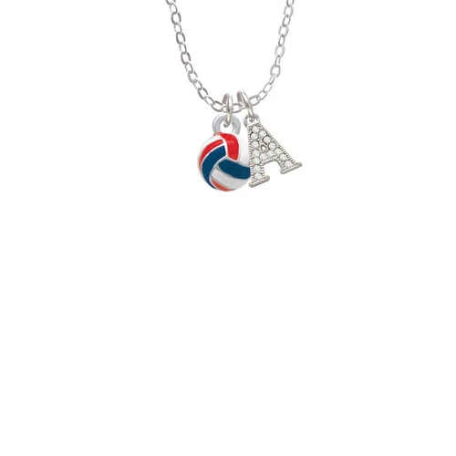 3-D Red White & Blue Volleyball Crystal Initial - Sophia Necklace