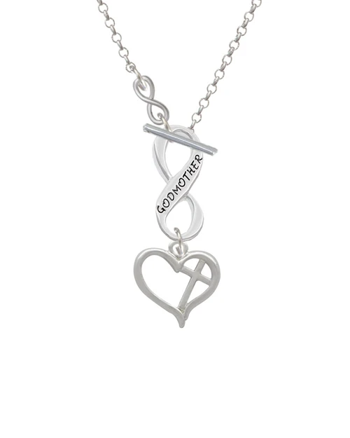 Heart Outline with diagonal Cross To Infinity Godmother Toggle Necklace
