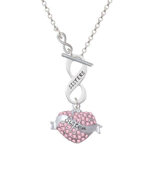 Sister Banner on Pink Crystal Heart To Infinity Sisters Toggle Necklace