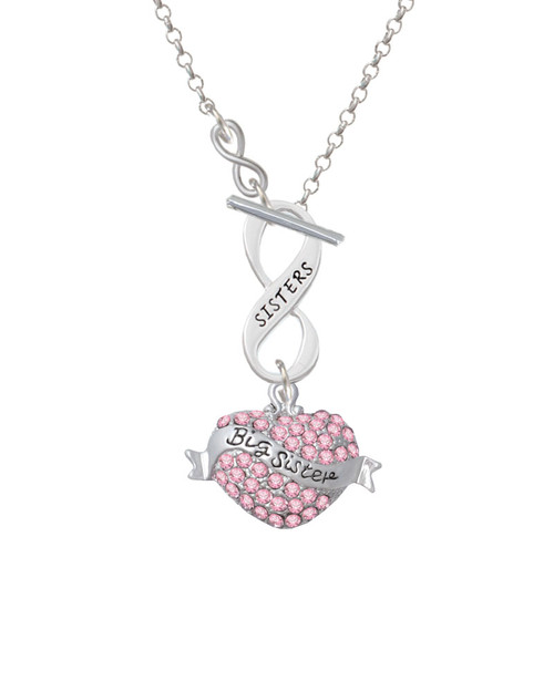 Big Sister Banner on Pink Crystal Heart To Infinity Sisters Toggle Necklace
