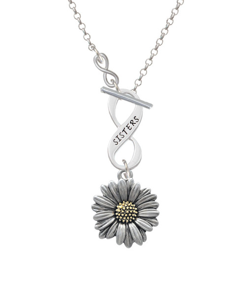 Large Two Tone Daisy Flower To Infinity Sisters Toggle Necklace