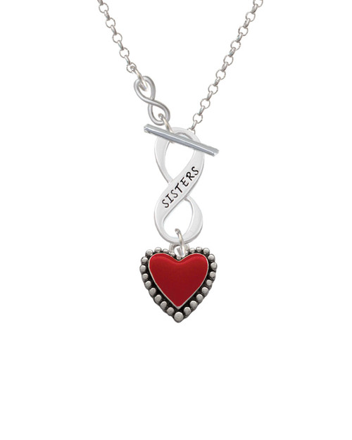 Red Enamel Heart with Beaded Border To Infinity Sisters Toggle Necklace