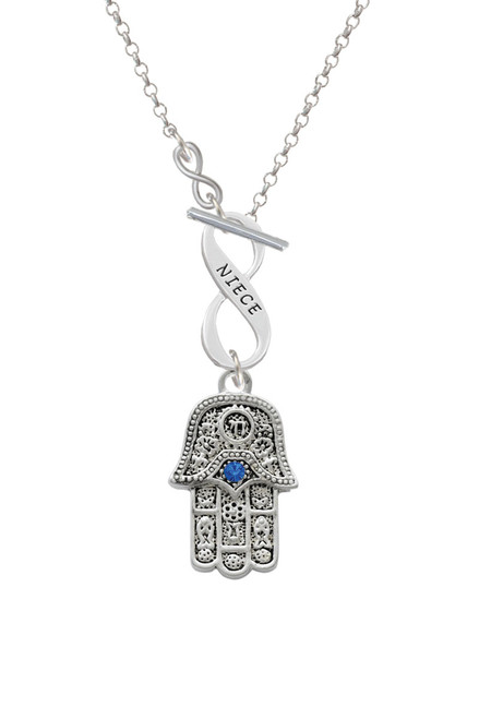 Hamsa Hand with Blue Crystal To Infinity Niece Toggle Necklace