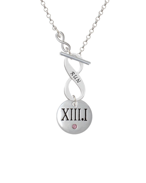 Half Marathon with Pink Crystal Roman Numeral To Infinity Run Toggle Necklace