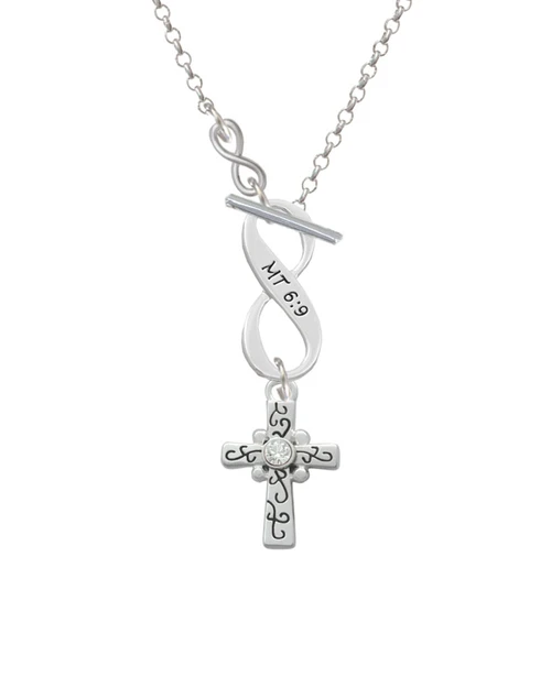 Scroll Cross with Clear Crystal To Infinity Matthew 6:9 Toggle Necklace