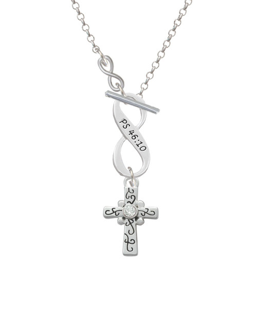 Scroll Cross with Clear Crystal To Infinity Psalm 46:10 Toggle Necklace