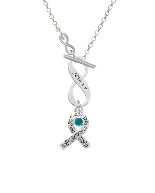 Scroll Ribbon with Teal Crystal To Infinity Joshua 1:9 Toggle Necklace