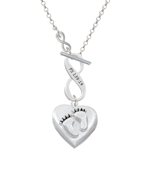 Baby Feet Heart Locket To Infinity Psalm 139:14 Toggle Necklace