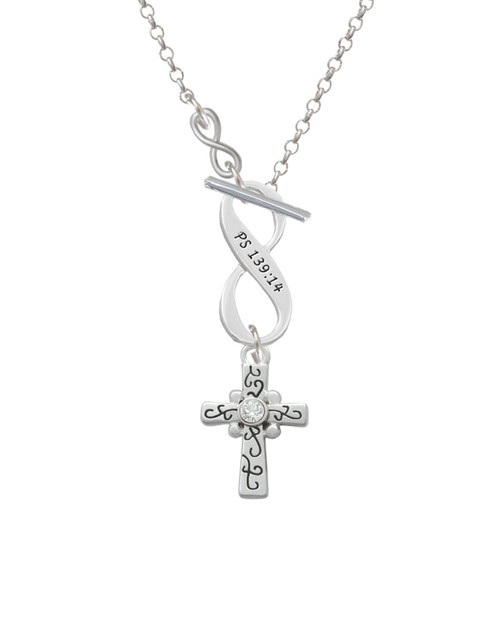 Scroll Cross with Clear Crystal To Infinity Psalm 139:14 Toggle Necklace