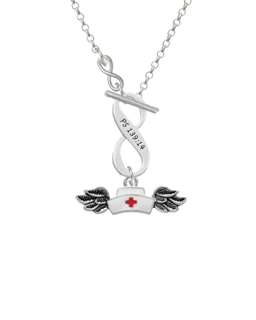 Enamel Nurse Hat with Wings To Infinity Psalm 139:14 Toggle Necklace