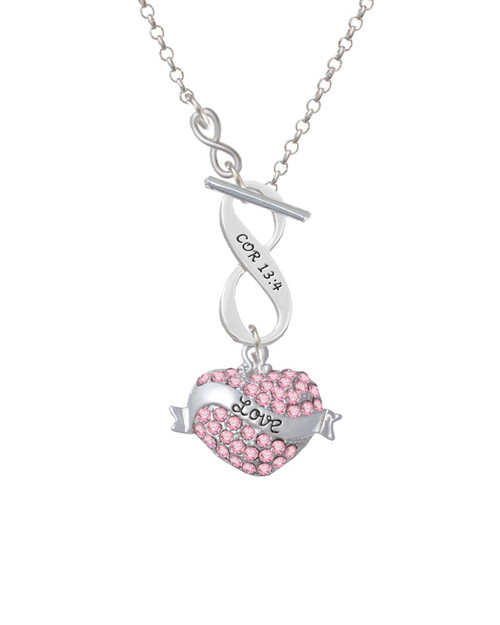Love Banner on Pink Crystal Heart To Infinity 1 Corinthians 13:4 Toggle Necklace