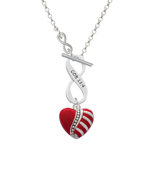 Striped Red Enamel Heart with Beaded Decoration To Infinity 1 Corinthians 13:4 Toggle Necklace