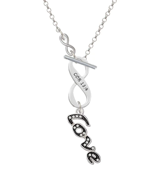 Script ''Love'' with Clear Crystals To Infinity 1 Corinthians 13:4 Toggle Necklace