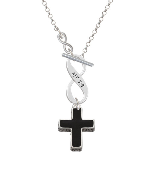 Large Black Enamel Cross with Decorated Sides To Infinity Matthew 5:4 Toggle Necklace