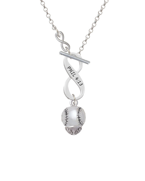 Silver Tone Baseball/Softball Spinner To Infinity Philippians 4:13 Toggle Necklace