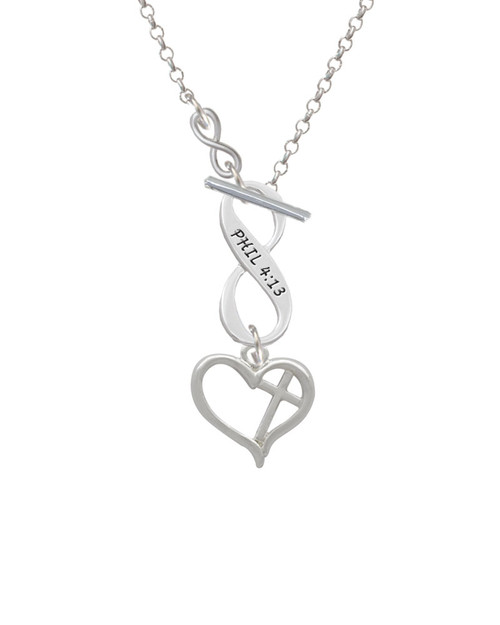 Heart Outline with diagonal Cross To Infinity Philippians 4:13 Toggle Necklace