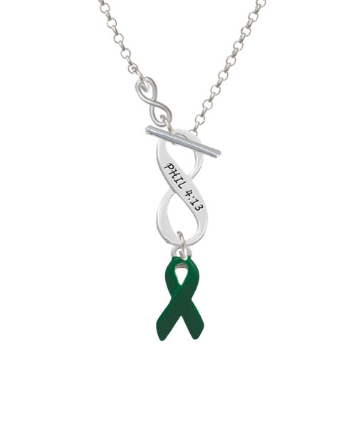 Green Ribbon To Infinity Philippians 4:13 Toggle Necklace