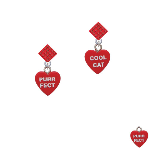 Acrylic Red "Cool Cat / Purr Fect" Heart Red Crystal Diamond-Shape Earrings