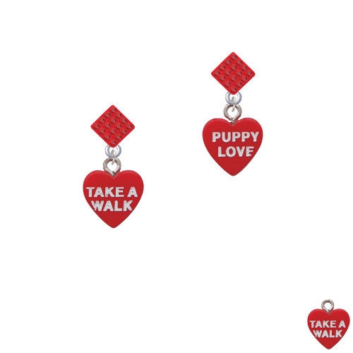 Acrylic Red "Puppy Love / Take a Walk" Heart Red Crystal Diamond-Shape Earrings