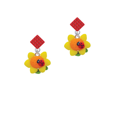 Fimo Clay Sunflower with Ladybug Red Crystal Diamond-Shape Earrings