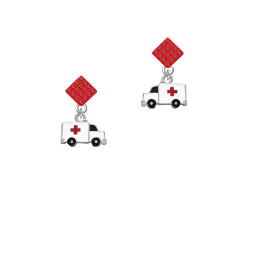 Ambulance with Cross Red Crystal Diamond-Shape Earrings