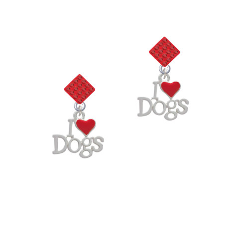 I love Dogs with Red Heart Red Crystal Diamond-Shape Earrings