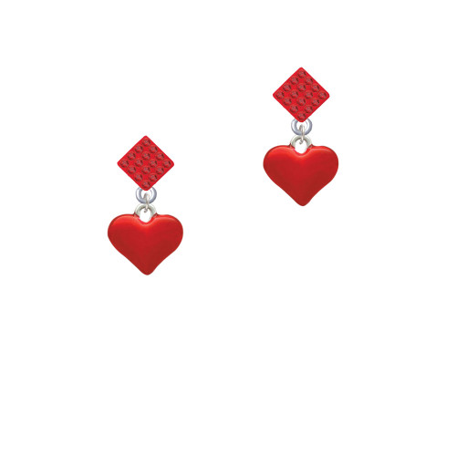 3-D Translucent Red Puff Heart Red Crystal Diamond-Shape Earrings