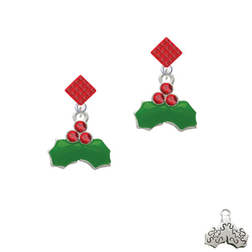 Christmas Holly & Red Crystal Berries Red Crystal Diamond-Shape Earrings