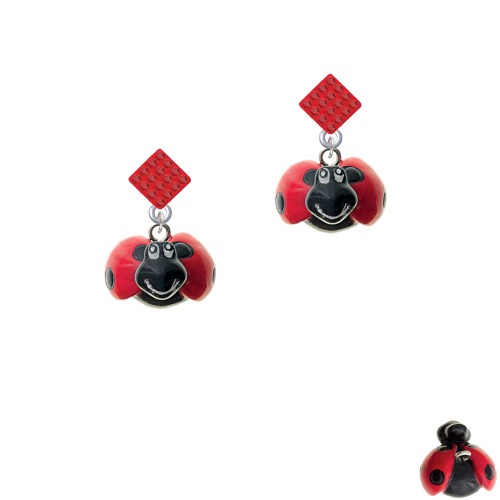 Resin Red & Black Ladybug Sweetie Red Crystal Diamond-Shape Earrings