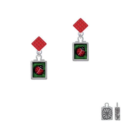 Red Ladybug in Shadow Box Red Crystal Diamond-Shape Earrings