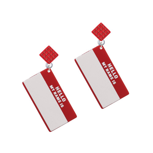 Acrylic Red "Hello" Name Tag Red Crystal Diamond-Shape Earrings