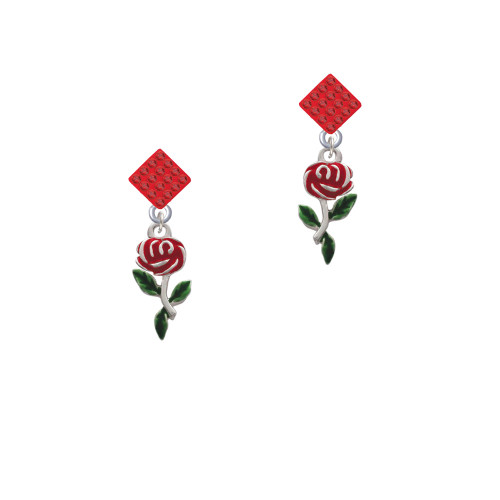 Red Rose Flower Red Crystal Diamond-Shape Earrings
