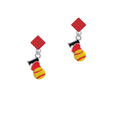 I love Softball - Red Heart Red Crystal Diamond-Shape Earrings