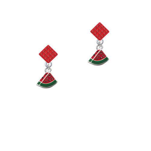 Mini Enamel Watermelon Slice Red Crystal Diamond-Shape Earrings