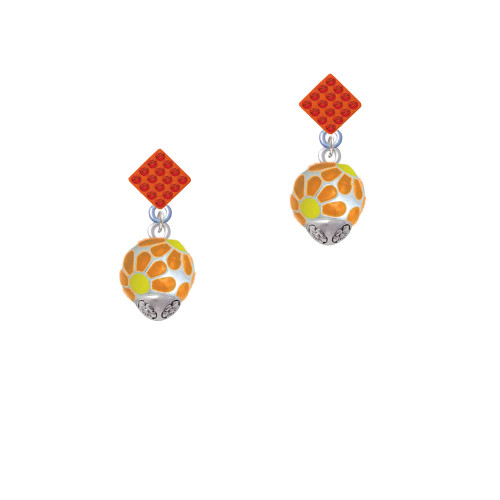 Translucent Hot Orange Flower Petal Pattern Spinner Orange Crystal Diamond-Shape Earrings