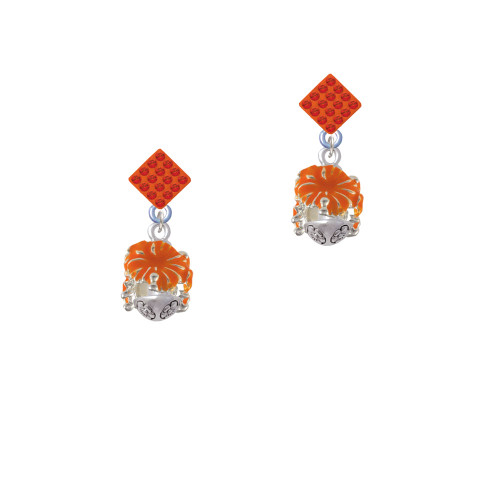 Hot Orange Hibiscus Flowers Spinner Orange Crystal Diamond-Shape Earrings