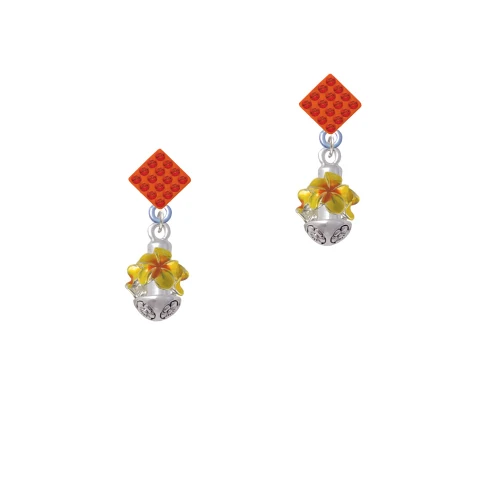 Hot Yellow & Orange Plumeria Flowers Spinner Orange Crystal Diamond-Shape Earrings