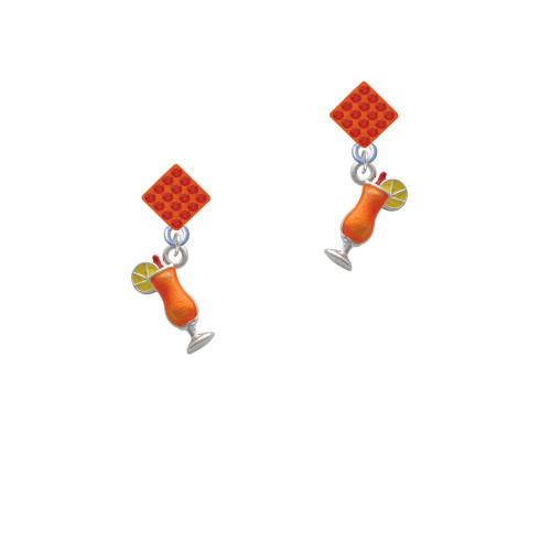 3-D Orange Tropical Drink Orange Crystal Diamond-Shape Earrings