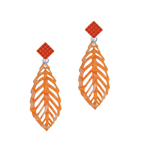 Acrylic Large Leaf Pearly Orange Orange Crystal Diamond-Shape Earrings