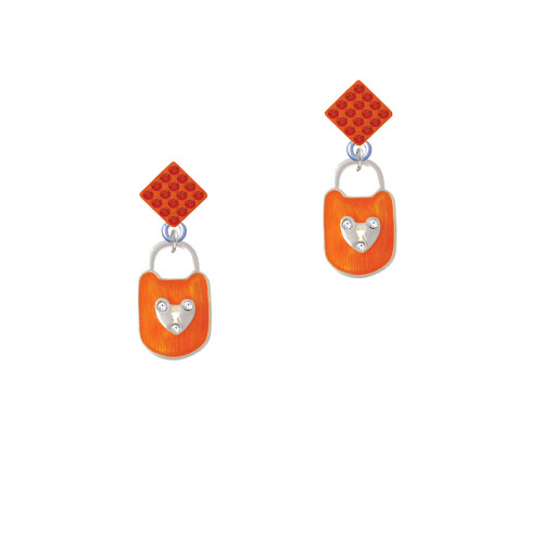 Hot Orange Enamel Lock with Clear Crystals Orange Crystal Diamond-Shape Earrings