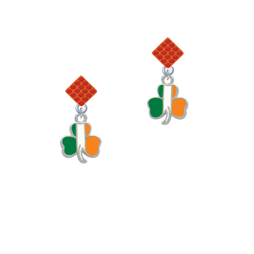 2-D Irish Flag Shamrock Orange Crystal Diamond-Shape Earrings