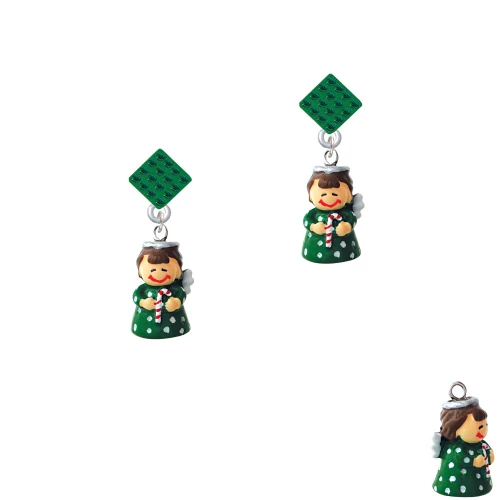 Resin Green Angel Holding Candy Cane Green Crystal Diamond-Shape Earrings
