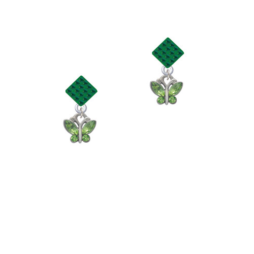 Mini Butterfly with Green Wings & Crystals Green Crystal Diamond-Shape Earrings