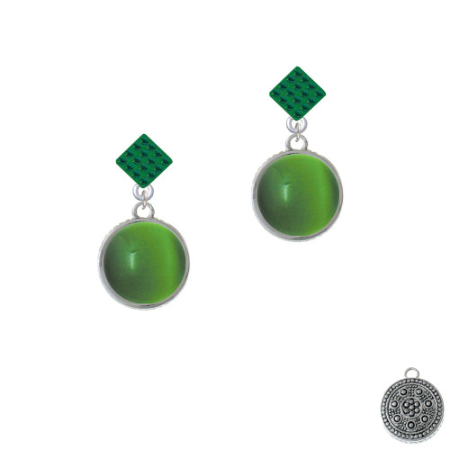 Round - Imitation Cat's Eye - Green - Green Crystal Diamond-Shape Earrings