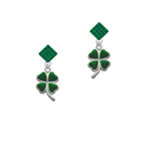 Green Four Leaf Clover with Heart Leaves Green Crystal Diamond-Shape Earrings