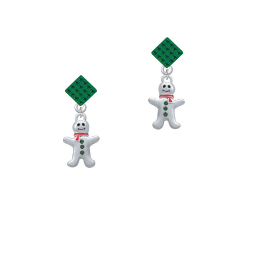 Gingerbread Man with Red Scarf and Green Buttons Green Crystal Diamond-Shape Earrings