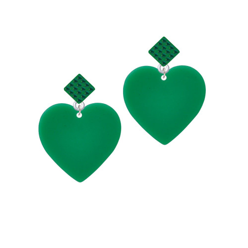 Acrylic 1" Green Heart Green Crystal Diamond-Shape Earrings