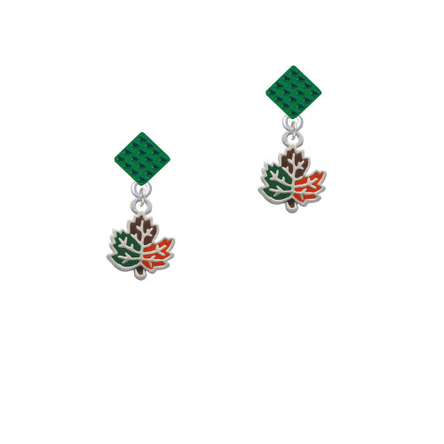 Small Enamel Fall Leaf Green Crystal Diamond-Shape Earrings