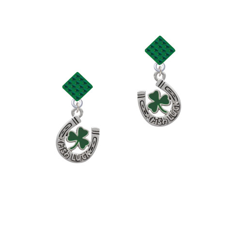 Irish Luck Horseshoe with Shamrock Green Crystal Diamond-Shape Earrings